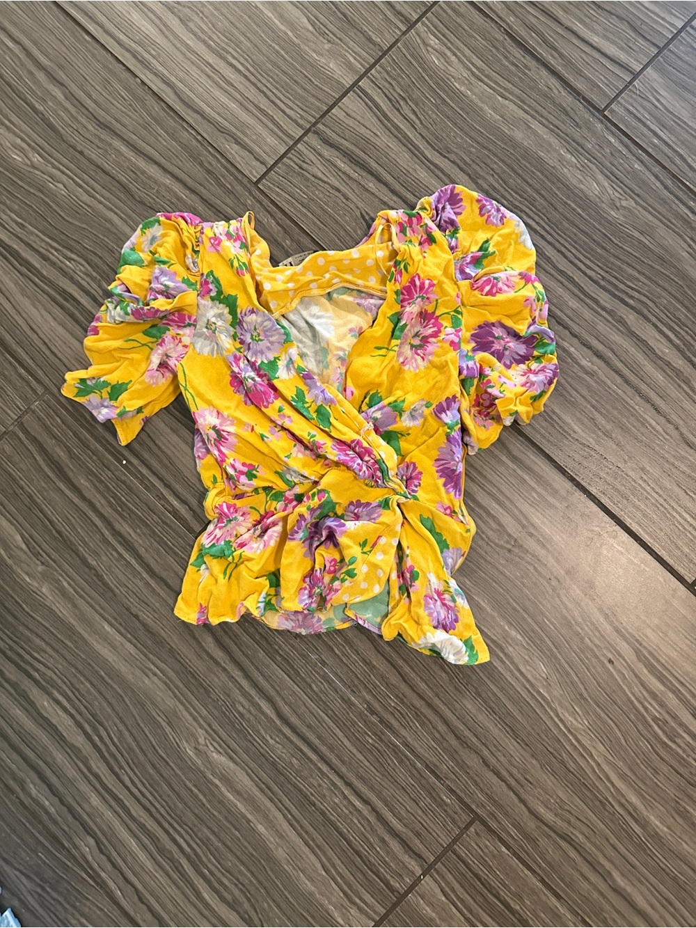 Zara Yellow Floral Wrap Puff-Sleeve Top